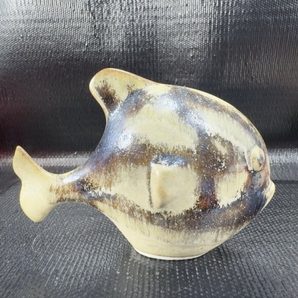 Vintage Hand Made Stoneware Pottery Piranha Fish Figurine Brown Glaze Figure VTG
